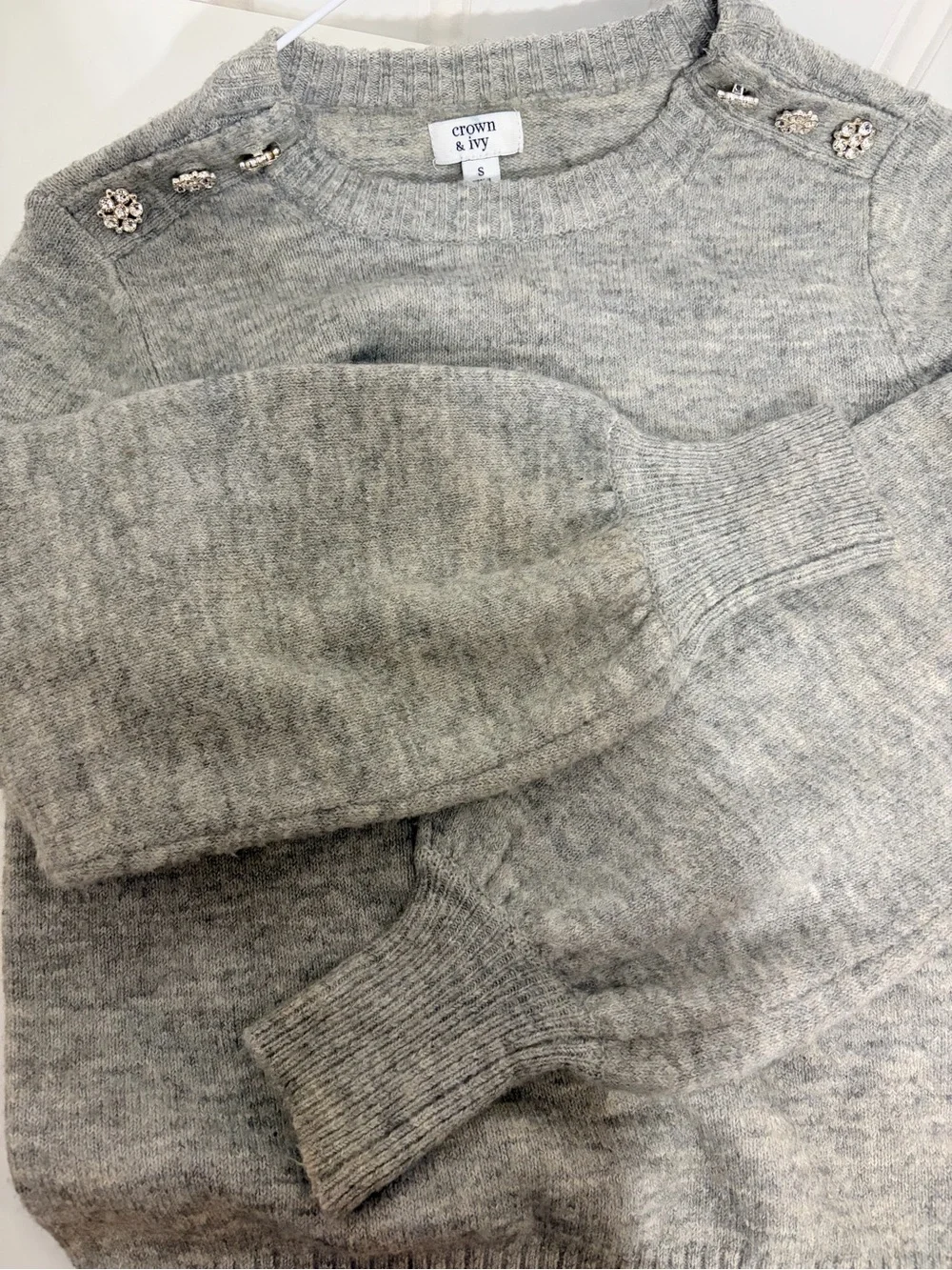 crown & ivy Light Gray Crewneck Sweater with Rhinestone Shoulder Buttons